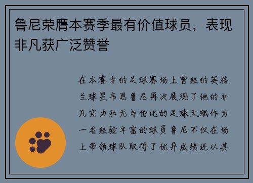 鲁尼荣膺本赛季最有价值球员，表现非凡获广泛赞誉